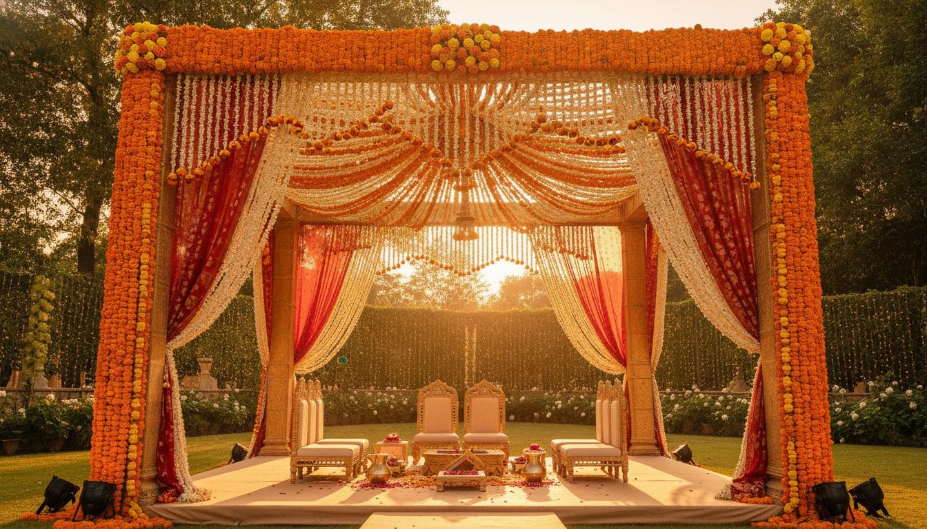 Grand Indian wedding mandap at sunset